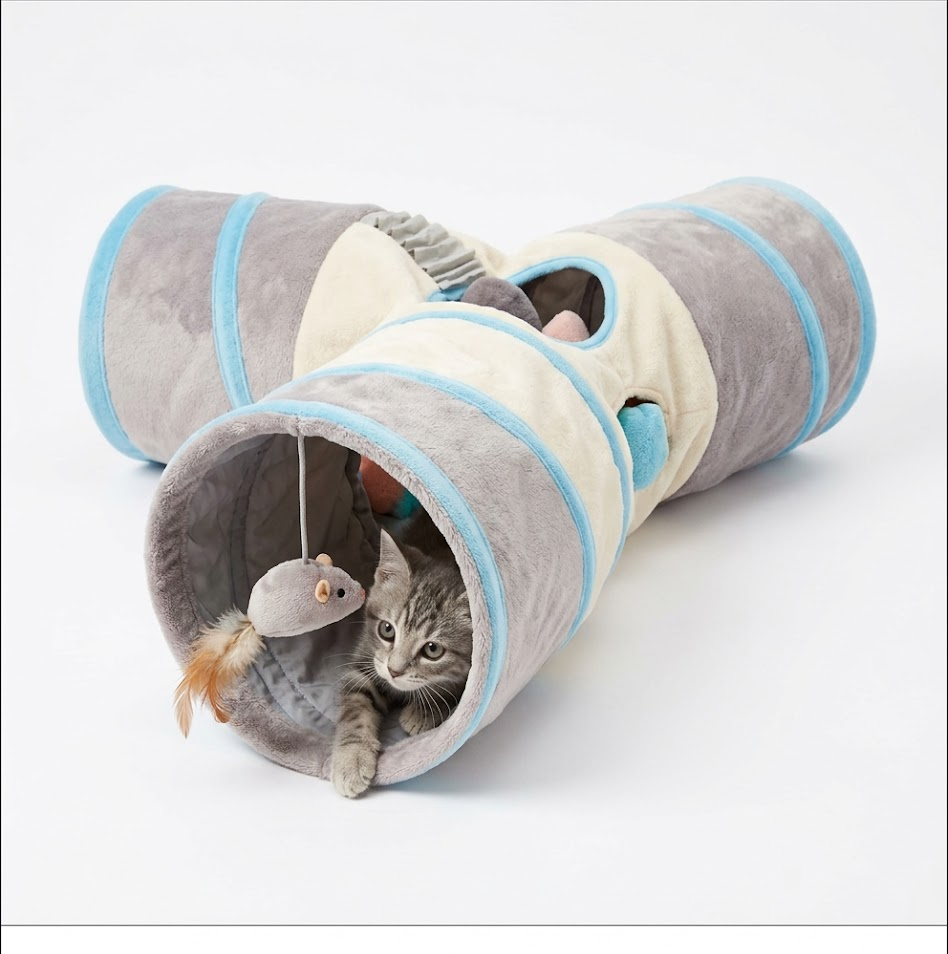Sawyercarl Soft Plush Y-Tunnel Cat Toy | Interactive 3-Way Cat Play Tunnel with Crinkle Sounds & Hanging Mouse for Bored Indoor Cats